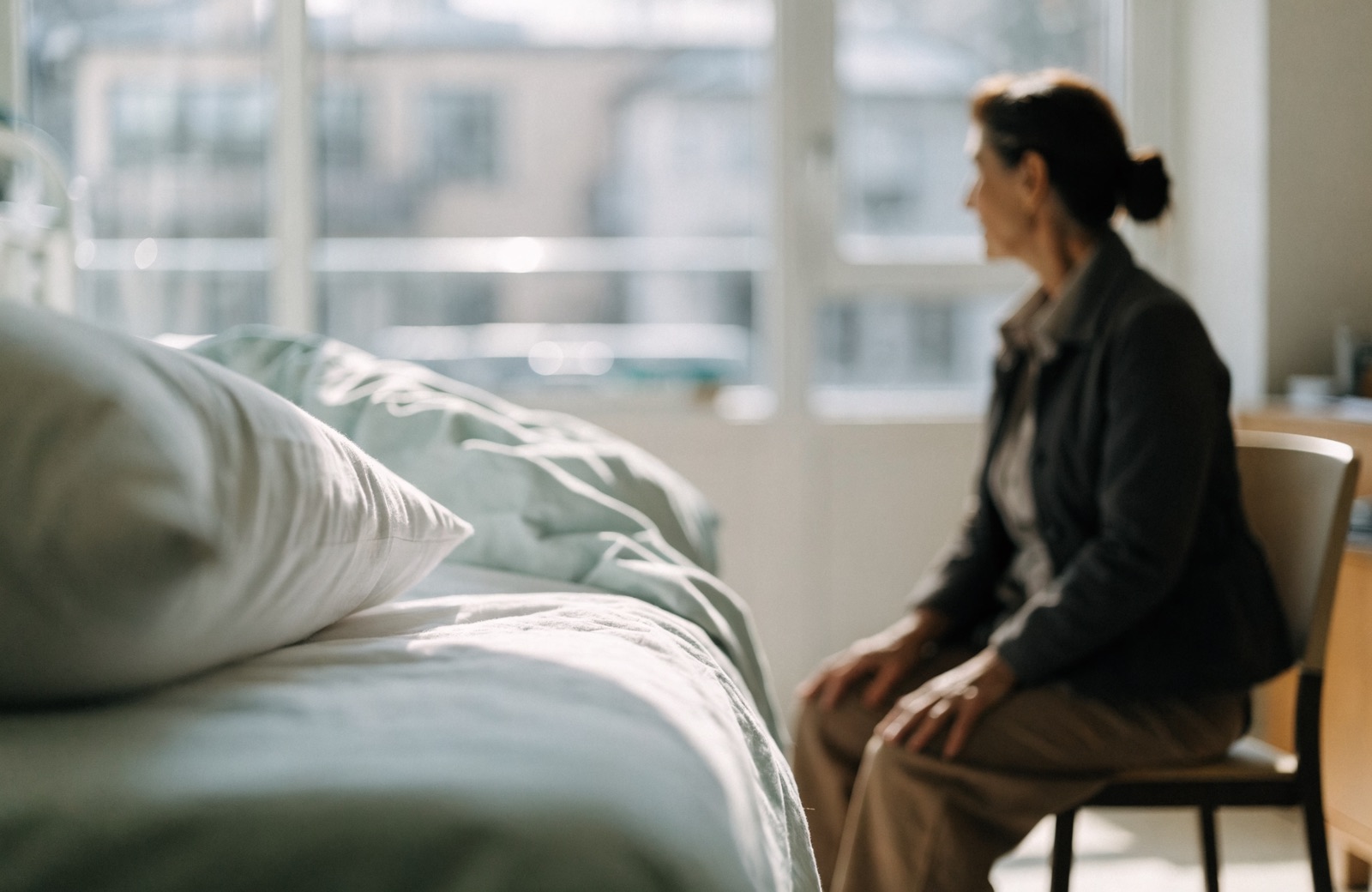Frau sitzt auf einem Sessel neben einem Krankenbett am Fenster und wacht